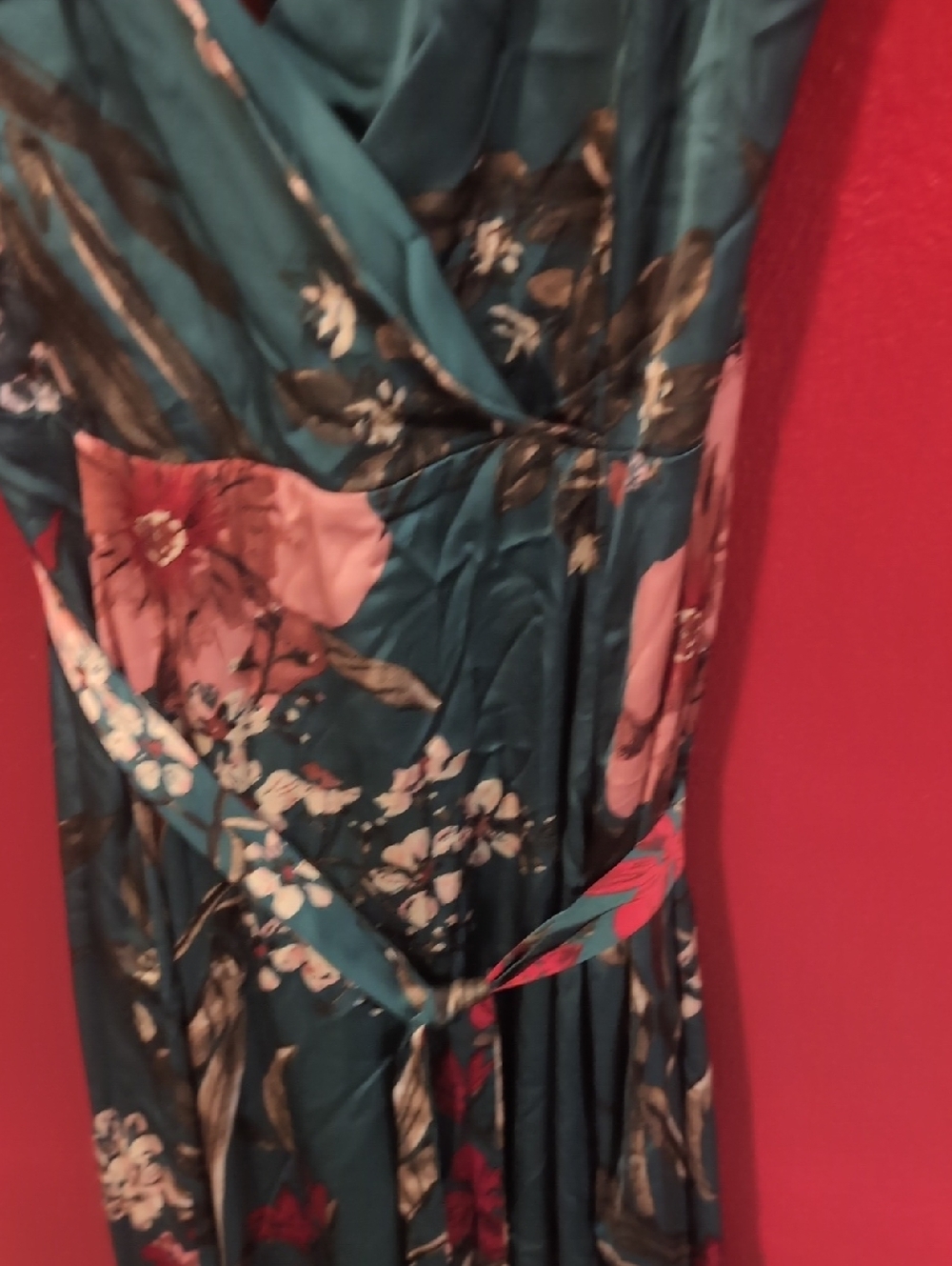 Lulu's Teal Floral Wrap-Front Maxi Dress with Pink & Red Blooms - Picture 2 of 6